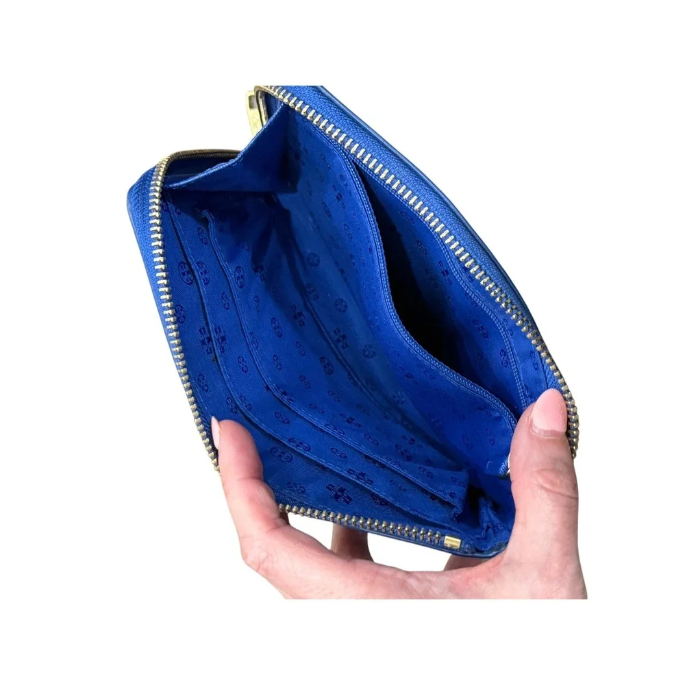 Tory Burch Wristlet Cobalt Blue Saffiano Leather Pineapple Zip Clutch Wallet Bag